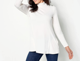 Susan Graver Liquid Knit Fit &amp; Flare Mock Neck Tunic- Antique Ivory, XS - £19.98 GBP