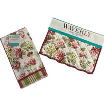 Waverly Quilted Table Runner Towel Set Pink Hydrangea Reversible Striped... - $30.31