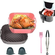 6 Pack Reusable Square Air Fryer Silicone Liners with Tongs Basting Brush Mitts - £12.69 GBP