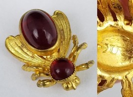 vintage garnet and gold tone pin brooch Bee Fly Insect Jelly Belly Signe... - $32.99