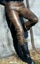 Men&#39;s brown cowhide Leather laced  Pants Designer Slim Fit Black Skinny Trouser - £140.43 GBP