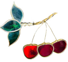 Stained Glass Cherries on Tree Branch Window Ornament Hanging Suncatcher - $22.25