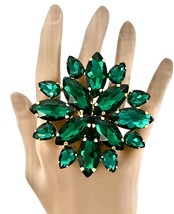 3&quot; Drop Forest Green Crystals Oversized Statement Ring Stage Costume Jewelry - £22.77 GBP