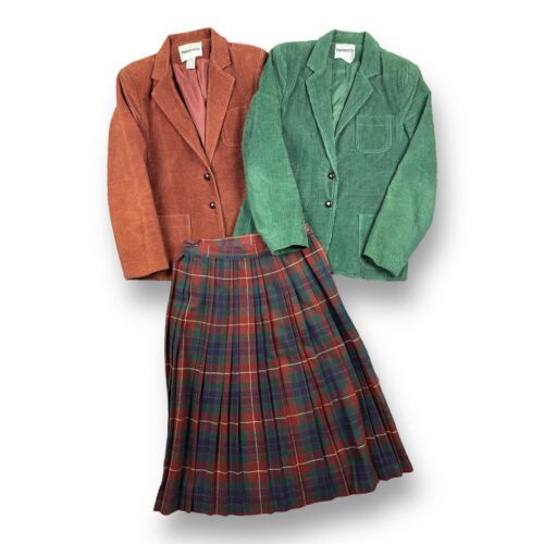 Primary image for Vintage 80s plaid pleated outfit Corduroy jacket set 3pc Matching Set Sz 9 26” W