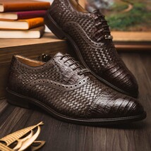 John Classic Oxford Woven Calfskin Genuine Caiman Crocodile Brown image 6
