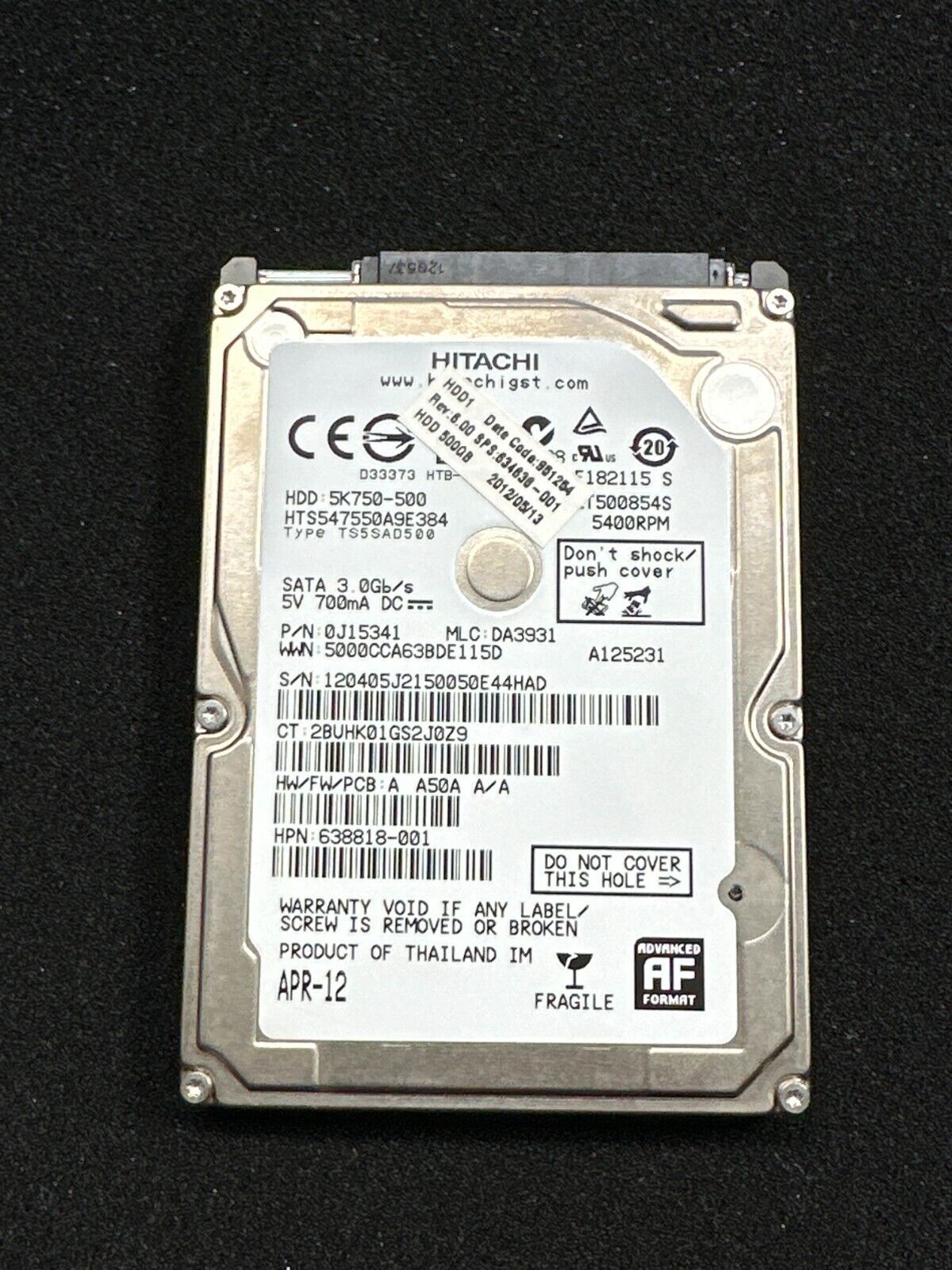 Hitachi 500GB 5400RPM 0J15341 638818-001 HTS547550A9E384 Hard Drive - $11.87