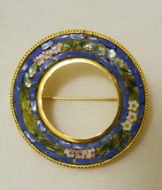 MICRO MOSAIC BROOCH Pin Wreath FLORAL Gold Tone Setting Green Blue Pink - $32.95