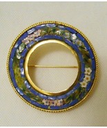 MICRO MOSAIC BROOCH Pin Wreath FLORAL Gold Tone Setting Green Blue Pink - £26.25 GBP