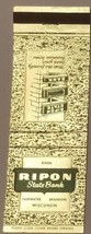 Matchbook Cover Ripon State Bank Fairwater Brandon Wisconsin - £3.04 GBP