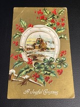 Christmas Postcard Horseshoe Over Church holly and berries 1909 Mexico, NY - £2.75 GBP