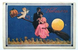 Original Halloween Postcard Series 182 Cupid Baby Flying On Broom Corr Ullman  - £96.65 GBP