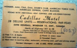 Vintage Cadillac Motel Business Card Dougall Windsor Ontario Canada - £2.35 GBP