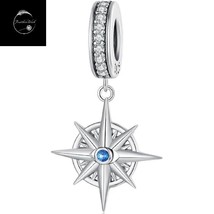 Sterling Silver 925 Compass Travel Boat Dangle Charm For Bracelets With Blue CZ - £16.88 GBP