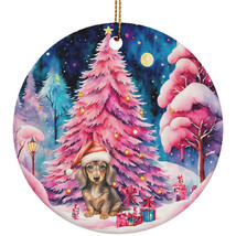 Cute Dachshund Puppy Dog Pink Tree Ornament Ceramic Night Christmas Gift Decor - £11.82 GBP