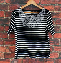 Rafaella Women&#39;s Pullover Knit Top L Black &amp; White Stripe w/ Embroidery - £10.90 GBP