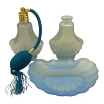 Frosted Glass Art Deco Style Perfume Bottle Atomizer &amp; Soap Dish 3 Piece - £22.07 GBP