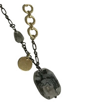 Signed Lia Sophia Marbled Stone Necklace 19" Gold Tone Brazilian Chain - $24.99