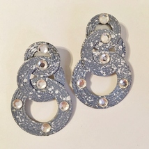 Clear Crystal Rhinestone Earrings Blue White Painted Metal Circles Vinta... - $30.00