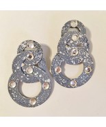 Clear Crystal Rhinestone Earrings Blue White Painted Metal Circles Vinta... - $30.00