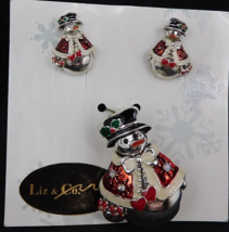 LIZ &amp; CO Whimsical Brooch Pendant Snowman w/Matching Earrings Set Christ... - $18.95