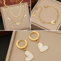 New double-layer love necklace stainless steel necklace earrings bracelet set - £20.54 GBP