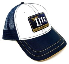 Miller Lite Beer Patch Logo White &amp; Blue Mesh Trucker Curved Bill Adjustable Sna - £18.46 GBP