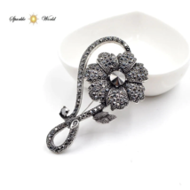 Black Flower Brooch Rhinestone for Women Elegant Large Pin Coat Brooch Gift - £9.41 GBP