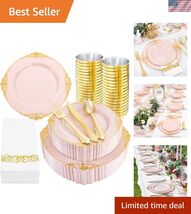 350PCS Pink Plastic Plates - Pink Plastic Dinnerware Sets for 50 Guests ... - $97.33