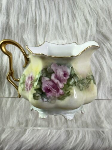 Vintage Germany Hand Painted Bone China Creamer Pitcher Floral Gold - $38.10