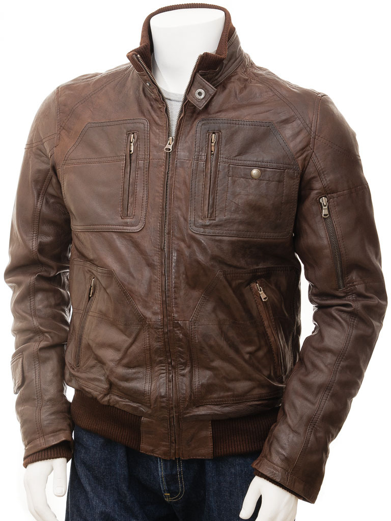 LE Men Bomber Leather Jacket in Brown Bristol