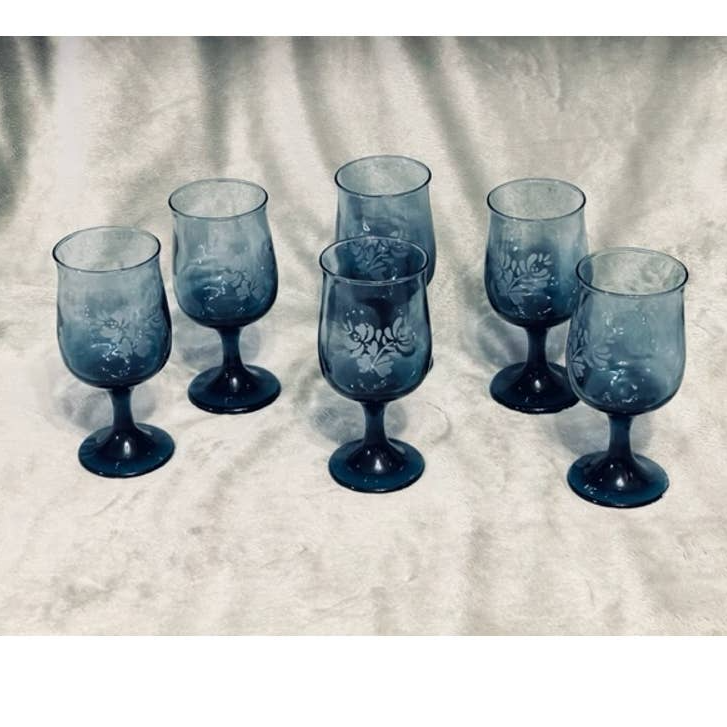 Vintage Pfaltzgraff Etched Yorktowne Blue 12oz Water Goblets- Set of (6)-NWOT - $64.35
