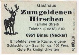 Matchbox Label Germany Gasthaus Zumgoldenen Hirshen Binau - $0.98