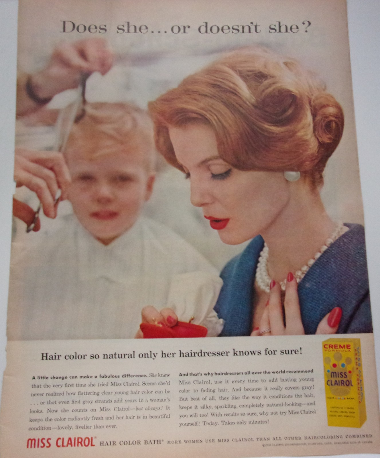 Miss Clairol Hair Color Mom Paying for Little Boy's Hair Cut Magazine  Ad 1959 - $8.99