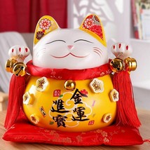 Fortune Cat Figurine Ceramic Lucky Craft Maneki Piggy Sculpture Animal Statue - £31.49 GBP