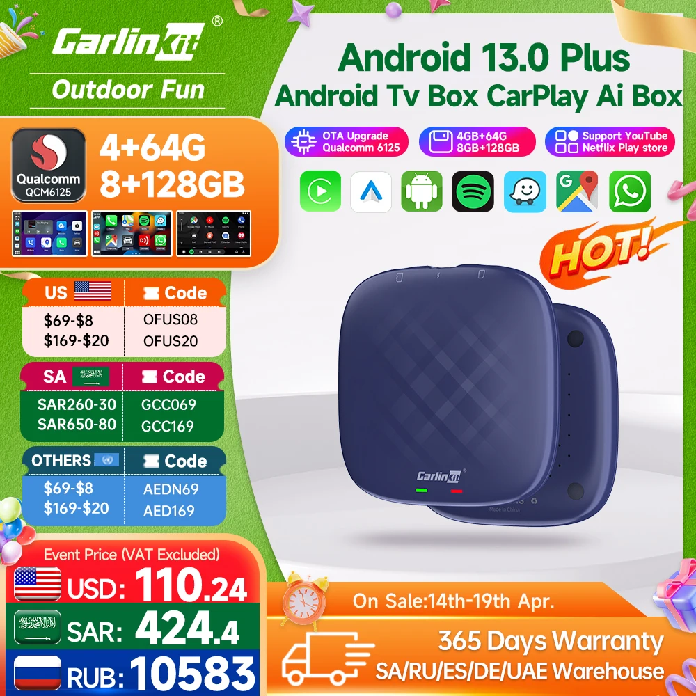 Carlinkit CarPlay Ai TV Box Plus Android13 8+128GB QCM 8-Core 665 6125 Wireless - £141.02 GBP+