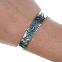 6.25&quot; Vintage Navajo Chip inlay silver cuff bracelet with stamped design - $94.05