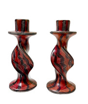 Pair Soapstone Candle Holder Hand Carved Twisted 6&quot; Dark Red Black White - £17.22 GBP