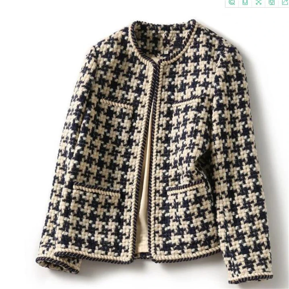  Elegant Weave Plaid Outerwear Women Blazer Pocket Lining Autumn Winter Causal T - £125.32 GBP