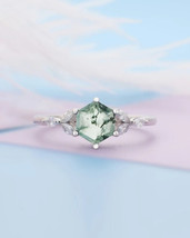 Hexagon Green Moss Agate Gemstone 14k White Gold Handmade Bridal Wedding Ring - £864.97 GBP