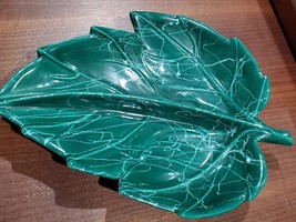 Vintage 1940s-50s Green Leaf Glazed Pottery Divided Dish, Made in USA No 45 - £23.52 GBP