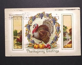 Thanksgiving Greetings Scenic View Embossed Turkey in Wreath 1910 Postcard - $7.99