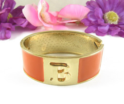 Vintage Letter B BRACELET Bangle Clamper Hinged Orange Enamel Goldtone 6 3/4&quot; - $18.80