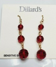 Dillard&#39;s Gold Tone French Wire Earrings Ruby Red Dangle Disco Ball Beads New - £10.67 GBP