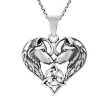 Celtic Love Entwined Wolves Couple Heart .925 Sterling Silver Necklace - £24.28 GBP