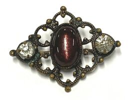 Vintage Antique Costume Filigree Brooch with Purple Cabochon, Rhinestones - $173.21 MXN