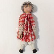 Clothes Pin Doll Red Check Dress Grey Hair Glasses Wood Head Collectible... - $25.00