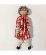 Clothes Pin Doll Red Check Dress Grey Hair Glasses Wood Head Collectible... - £19.65 GBP