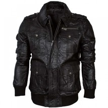 Handmade Black Jacket, Men&#39;s Simple Leather Bomber Jacket, Men Motorcycle Jacket - £114.36 GBP