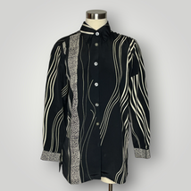 Vintage 1990s Button Front Top Black Cream Abstract Pattern Med Large L - £34.40 GBP
