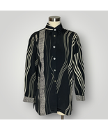 Vintage 1990s Button Front Top Black Cream Abstract Pattern Med Large L - £34.40 GBP